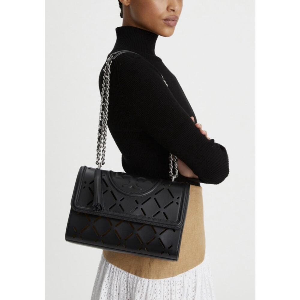🆕Tory Burch Fleming Diamond Perforated Convertible Shoulder Black Matte Bag NWT - Picture 2 of 16